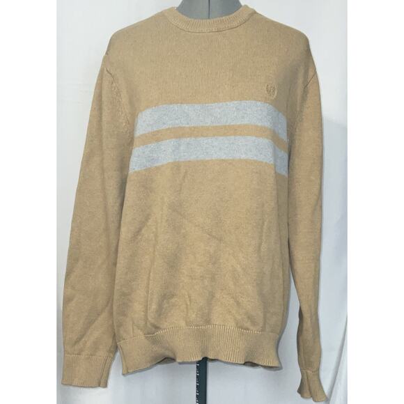 Chaps Men's Crew-Neck Stripe Knit Pullover Sweater Size Large Camel Heather - Picture 1 of 13